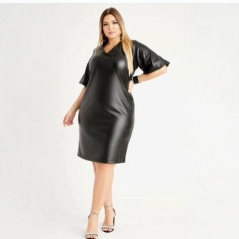 ASHLEY STEWART PLUS SIZE FAUX LEATHER BUBBLE SLEEVE DRESS | 34/36 | BLACK